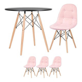 Kit Mesa Jantar Eames Wood 80 Cm 3 Cadeiras Capitone Botone Cor Mesa Preto Com Cadeiras Rosa