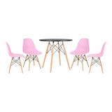 Kit Mesa Jantar Eames Wood 80 Cm 4 Cadeira Eiffel Cores Cor Da Tampa Mesa Preto Com Cadeiras Rosa