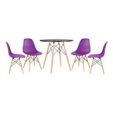 Kit Mesa Jantar Eames Wood 80 Cm 4 Cadeira Eiffel Cores Tampa Mesa Preto Com Cadeiras Roxo