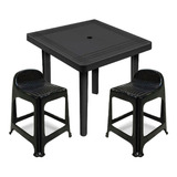 Kit Mesa Quadrada Desmontável Preta+ 2 Banquetas Com Encosto