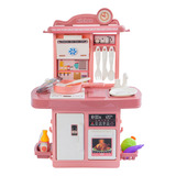 Kit Mini Cozinha De Brinquedo Fogão Geladeira Forno Solta Água E Som Cor Rosa Atentu