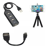Kit Mobilador Hub 4 Porta Otg Micro Usb V8 Com Suporte Tripé