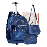 Kit Mochila Carrinho Jeans Rebecca Bonbon Lancheira E Estojo