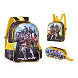 Kit Mochila Costas Free Fire Estojo Lancheira Preto/amarelo