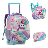 Kit Mochila Infantil 16 + Estojo + Lancheira Unicórnio Pop Dlx