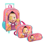 Kit Mochila Infantil Escolar Desenho Masha E Urso Rodinhas G