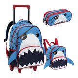 Kit Mochila Rodinha Lancheira Estojo Tubarão Baby Denlex
