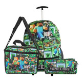 Kit Mochila Rodinha Minecraft Com Estojo Lancheira Infantil