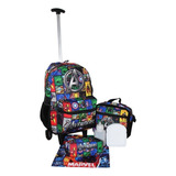 Kit Mochila Vingadores Infantil Juvenil Carrinho Escolar Plike Cor Preto 30 L