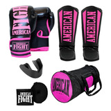 Kit Muay Thai Boxe Luva Caneleira Bolsa Bandagem Bucal Rosa