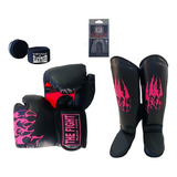 Kit Muay Thai Feminino:luva+caneleira+bandagem+bucal Pink