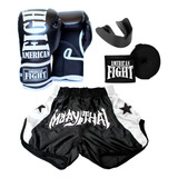 Kit Muay Thai Luva Bandagem Bucal Shorts American Fight Rosa
