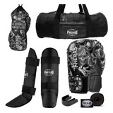 Kit Muay Thai Luva Bandagem Caneleira Bucal Bolsa Caveira 12