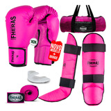 Kit Muay Thai Luva Bandagem Caneleira Bucal Bolsa Rosa 12oz