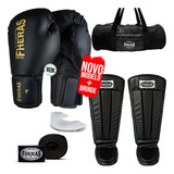 Kit Muay Thai Luva Black Gold Bandagem Bolsa Anatômica 10oz