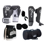 Kit Muay Thai Luva Caneleira Shorts Bolsa Bandagem 2 Kits