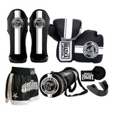 Kit Muay Thai Luva Caneleira Shorts Bolsa Bandagem Bucal Top