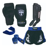 Kit Muaythai Luva Boxe, Caneleira, Bandagem, Bucal E Shorts 