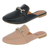 Kit Mule 2 Pares Sapatilha Sapato Bico Quadrado Rasteiro 132