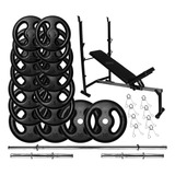 Kit Musculação 80kg Anilhas Barra 40cm 1,50m Banco Ajustável