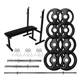 Kit Musculação Banco Supino 20kg Anilhas Barras 40cm E 1,50m
