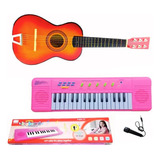 Kit Musical Piano Teclado Rosa + Mini Violão Infantil Menina