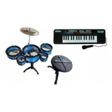 Kit Musical Teclado Infantil + Mini Bateria Com Banquinho 