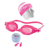 Kit Natação Speedo Swim Óculos Rosa+ Touca + Protetor Ouvido