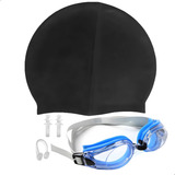 Kit Óculos + Touca Protetor Nariz Ouvido Natação Piscina Mar Cor Preto / Azul Claro