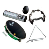 Kit Pandeiro Pele Preta+ Triângulo+ Chocalho+ Ganzá+meia Lua