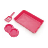 Kit Para Gato (bandeja + Pá + Comedouro Duplo) Cor Rosa