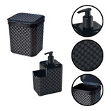 Kit Para Pia: Porta Detergente 500ml Lixeira Rattan Preto 5l