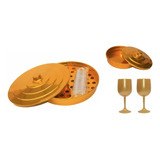 Kit Para Santa Ceia Com Duas Bandejas E Taças Douradas Lisas