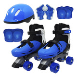 Kit Patins Clássico 4 Rodas Quad Roller + Acessórios Azul