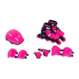 Kit Patins Roller Inline Com Proteção Completa Rosa 11 Peças