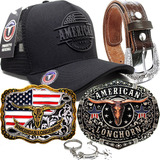 Kit Peao Cinto Em Couro Fivelas Country Bone Trucker Preto