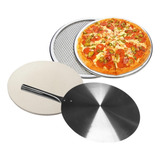 Kit Pedra Refrataria 37cm Tela 35cm E Pá Alumínio Para Pizza