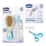Kit Pente Escova + Tesourinha Azul + Aspirador Physio Chicco
