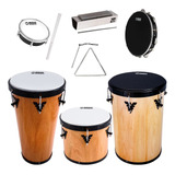 Kit Percussão Pandeiro Rebolo Reco Triangulo Timba Tamborim 