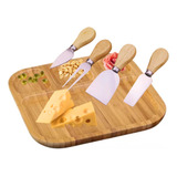 Kit Petisqueira Bambu 4 Cavidades+kit De Corta Queijos Inox