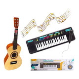Kit Piano Teclado Musical + Mini Violão Infantil De Madeira 