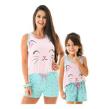 Kit Pijama Baby Doll Mãe E Filha Confort Gatinha +scruchie