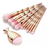 Kit Pinceis Maquiagem Profissional 10 Pçs + Peixinho Brinde Cor Ouro Rose