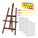 Kit Pintura Infantil Cavalete + 4 Tela + Tinta + 3 Pincel