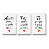 Kit Placas Quadros Decorativos 3 Pçs Mdf 20x30 Fé Paz Amor