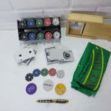 Kit Poker,fichas C/suporte, Feltro, Cartas C/ Caixa Madeira 