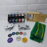 Kit Poker,fichas C/suporte, Feltro, Cartas C/ Caixa Madeira 