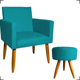 Kit Poltrona Decorativa Para Sala + Puff Redondo Suede Cores