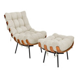 Kit Poltrona E Puff Costela Base Fixa Linho Chumbo - Vimont Cor Bege