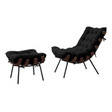 Kit Poltrona E Puff Costela Base Fixa Veludo Preto- Vimont